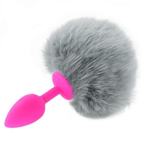 Dilatador Anal Siliconado Fucsia S Con Pompón Gris (PEQUEÑO)
